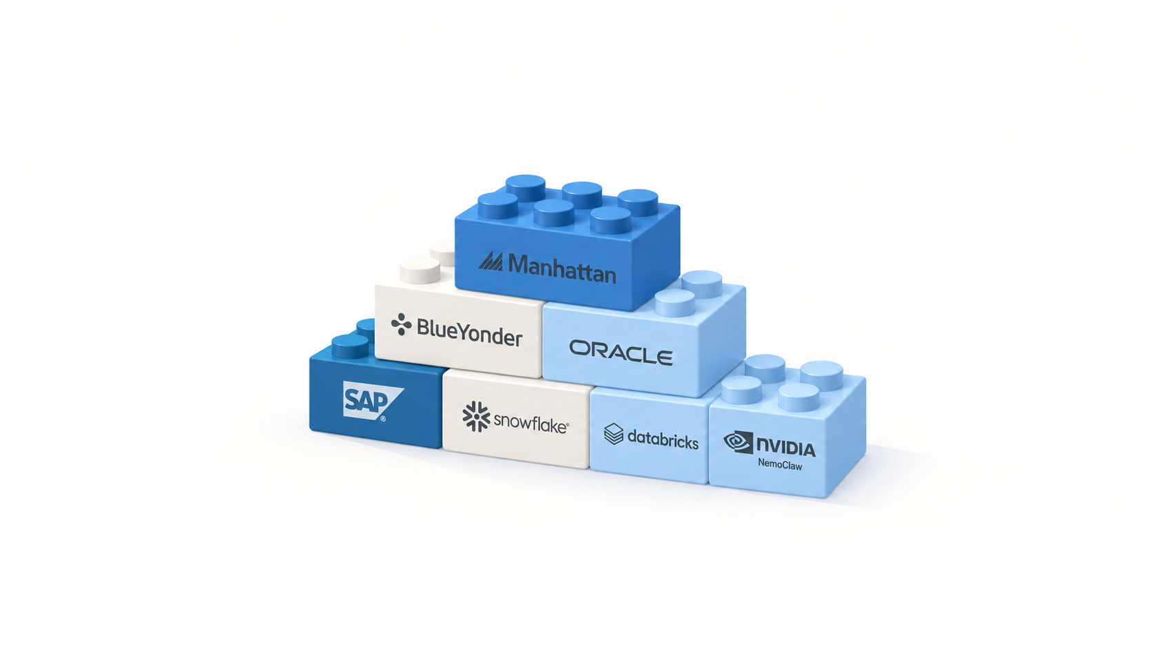 Seven illustrated blue and neutral interlocking blocks, each bearing a grayscale vendor logo on its side