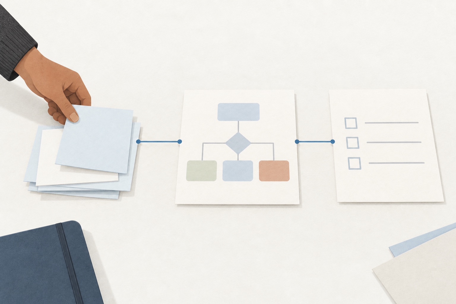 Blank observation cards connected by orange thread to a process map and pilot planning card
