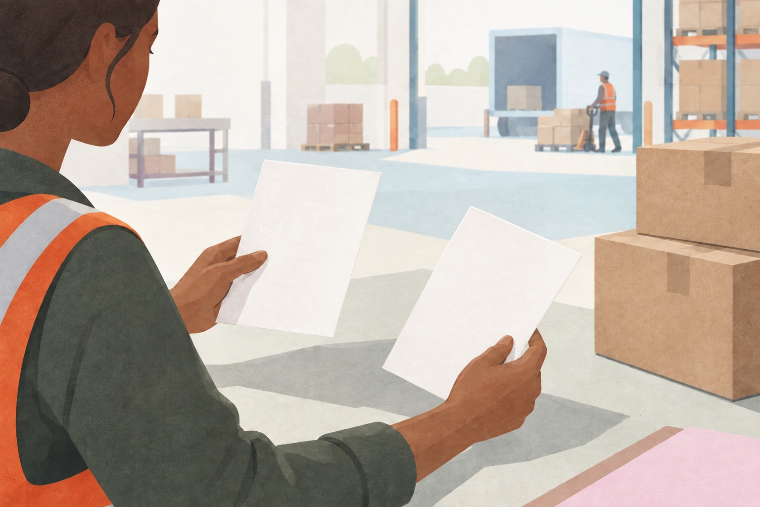 Warehouse worker reviewing two sheets of paper beside stacked cartons, with a loading dock in the background